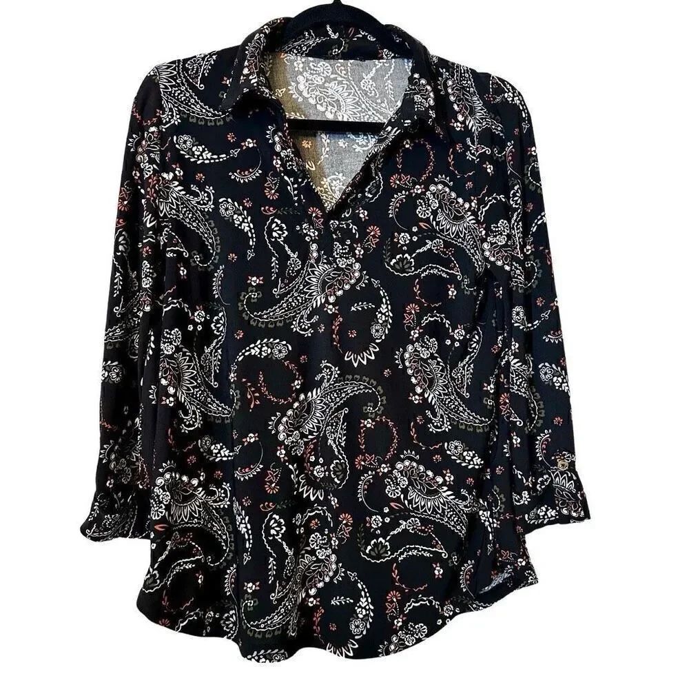 INC International Concepts Paisley Roll Tab Sleeve V-Neck Blouse Black Small